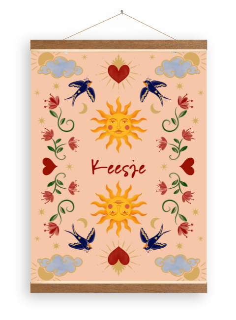 Canvasposter symmetrische zwaluw en zon peach