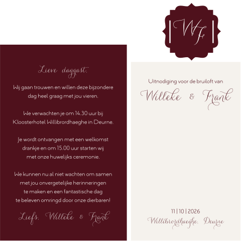 Stapelkaart met monogram burgundy creme