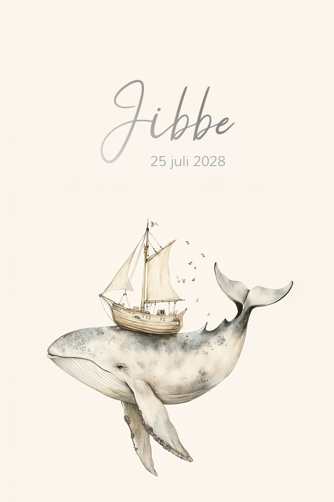 Geboortekaartje met walvis en boot zilverfolie