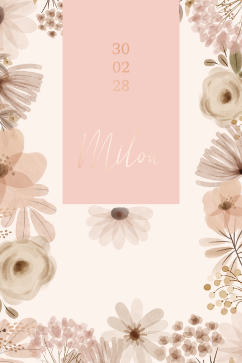 Geboortekaart zachtroze met bloemenprint en roséfolie