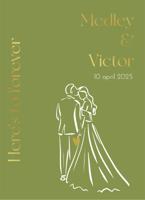 Wijnetiket bruiloft groen wit goud