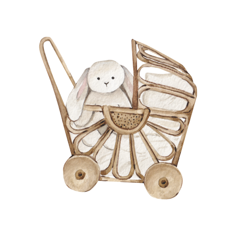 Sluitsticker rieten poppenwagen met konijn