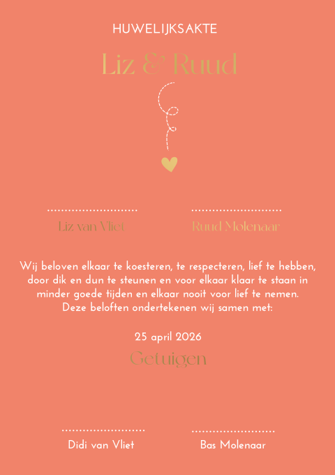 Trouwakte peach goud wit