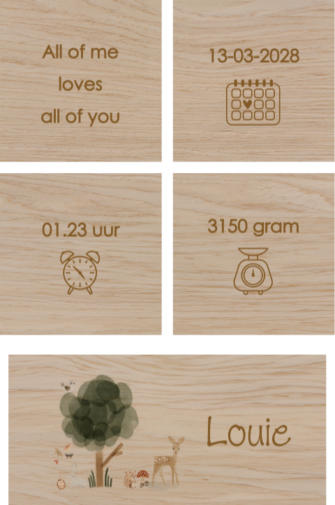 Houten blokken bedrukken bij geboortekaartje