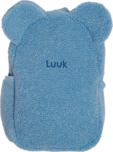 Teddy rugzak met naam en oortjes blauw
