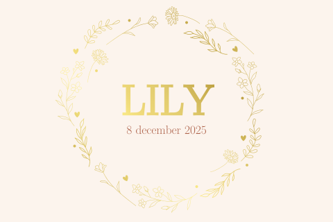 Geboortekaartje Bloemenkrans goudfolie dubbel liggend