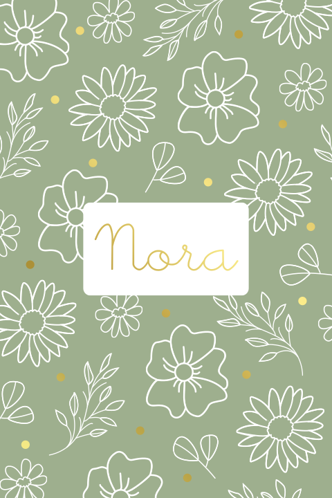 Geboortekaartje met bloemenpatroon in groen met goudfolie accenten