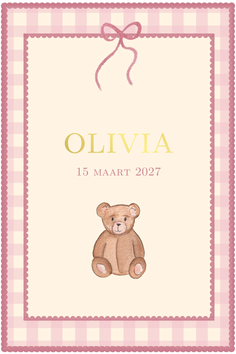 Geboortekaartje Klassiek Roze Vichy Beertje Olivia