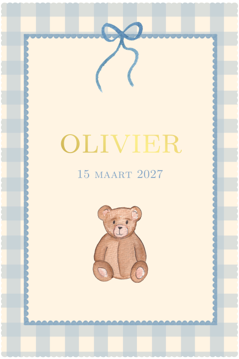 Geboortekaartje Klassiek Blauw Vichy Beertje Olivier
