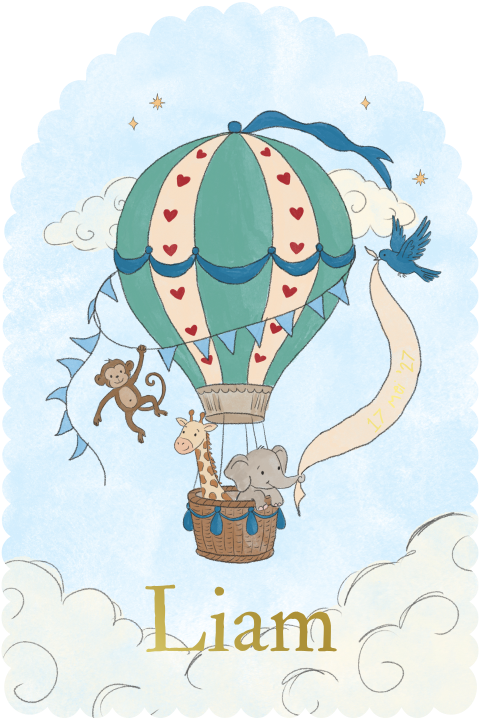 Geboortekaartje boogvorm golfjes luchtballon diertjes groen Liam
