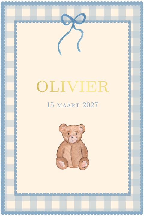 Geboortekaartje Klassiek Blauw Vichy Beertje Olivier