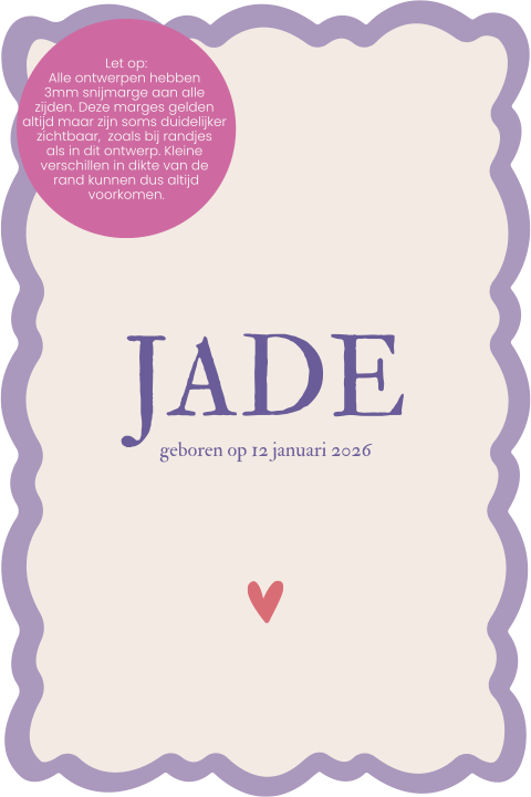 Geboortekaartje boogjesrand beige paars Jade