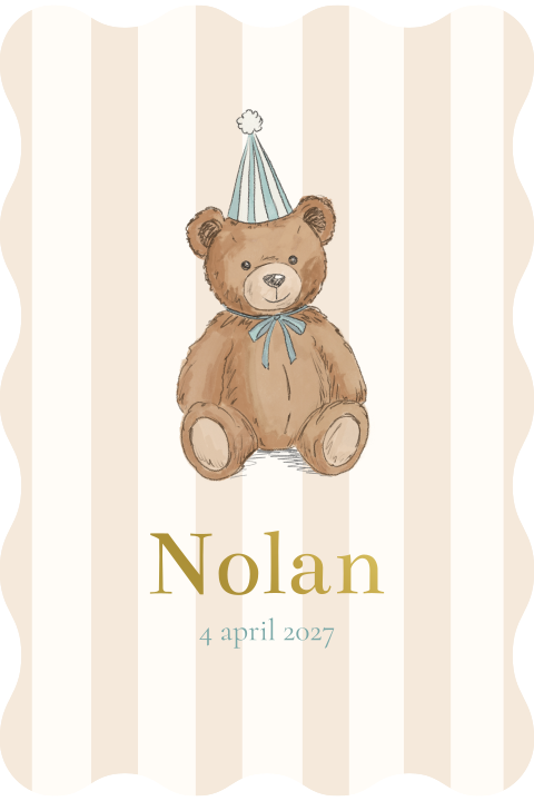 Geboortekaartje Beertje Muts Streepjes beige blauw Nolan