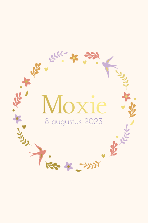 Geboortekaartje rondje zwaluw bloem goudfolie