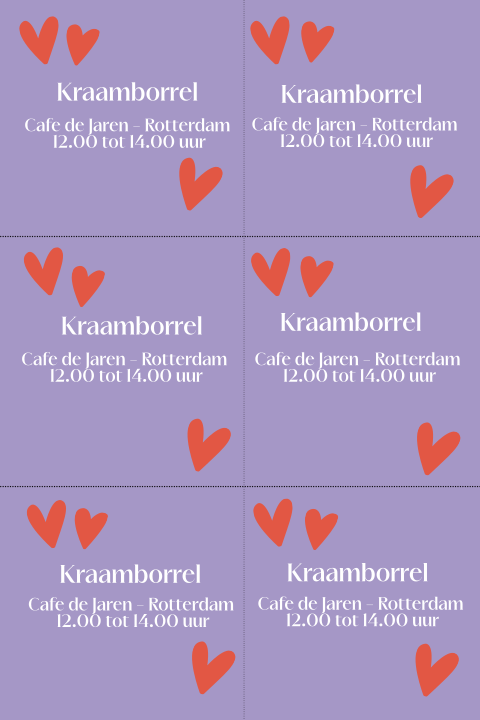 Kraamborrelkaartjes 6stuks lila met rode hartjes