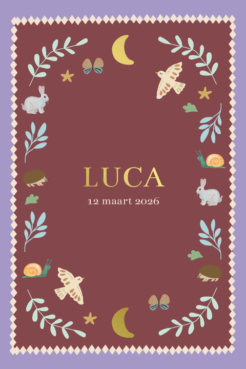 Geboortekaartje bosdiertjes paars bordeaux rood