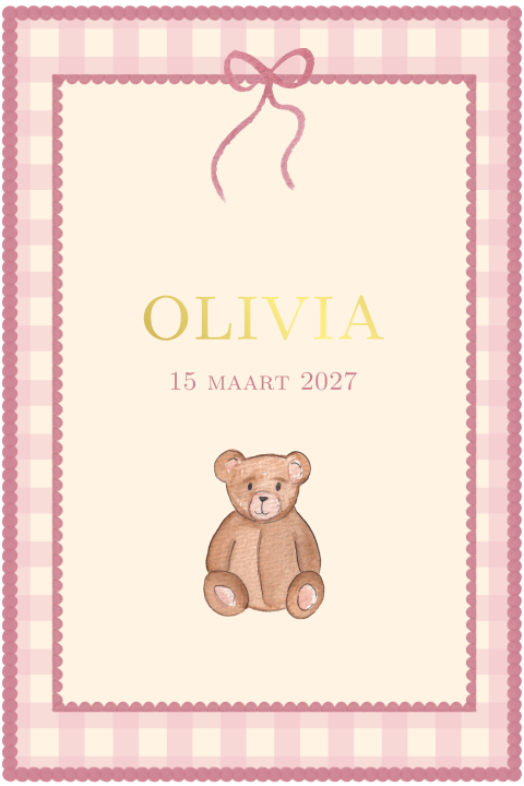 Geboortekaartje Klassiek Roze Vichy Beertje Olivia