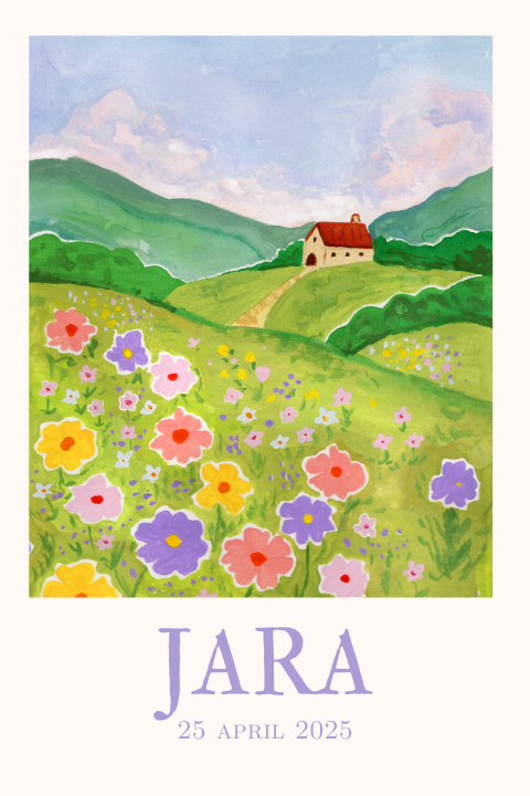 Geboortekaartje Lente landschap Gouache