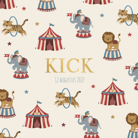 Geboortekaartje vierkant circus thema Kick