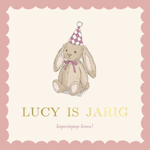 Kinderfeestje uitnodiging vierkant getekend konijntje roze Lucy