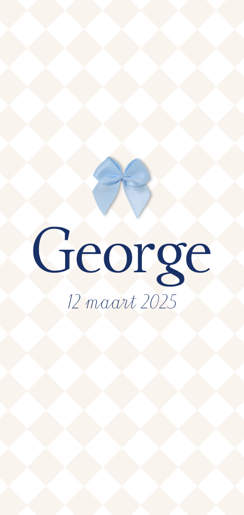 Geboortekaartje ruitjespatroon strikje blauw