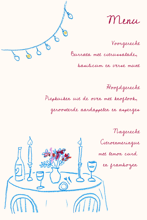 Menukaart bruiloft tafel getekend Angelique Dennis