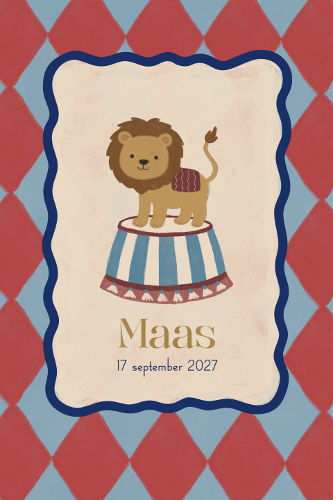 Geboortekaartje Ruitjes Circus Leeuwtje blauw rood Maas