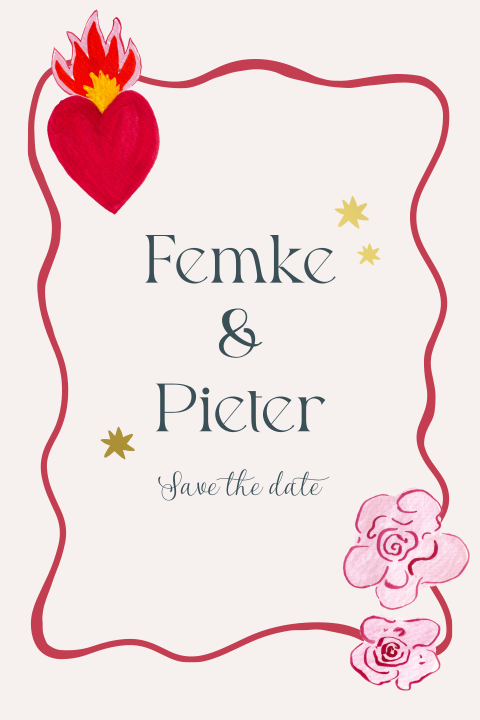 Save the date kringel boho hart bloemen Femke Pieter