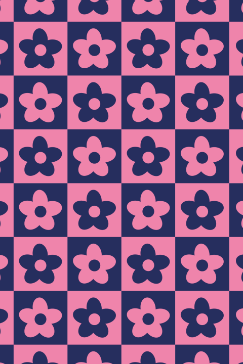 Wenskaart Bloemen Roze Blauw geblokt