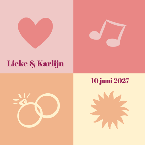 Trouw uitnodiging retro gekleurde vierkanten iconen Lieke & Karlijn