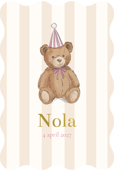 Geboortekaartje Beertje Muts Streepjes beige roze Nola