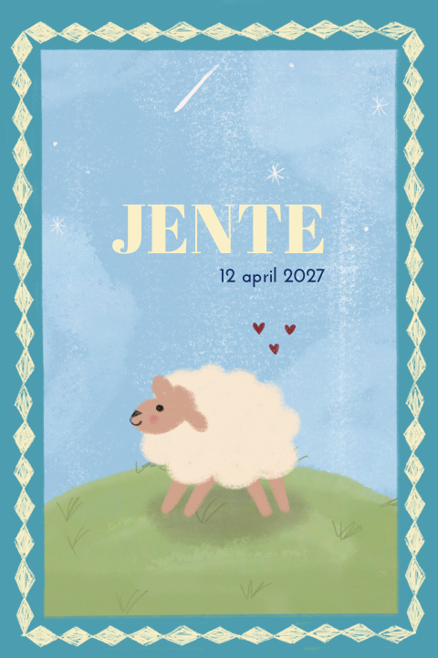 Geboortekaartje Schaapje Ruitjesrand blauwgroen geel Jente