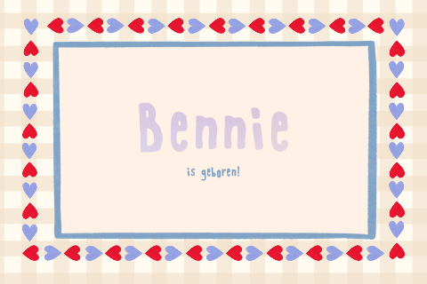 Geboortekaartje vichyprint hartjesrand rood blauw Bennie