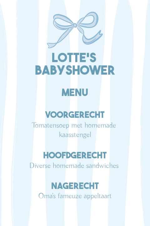 Babyshower menu kaart blauw streepjes strik