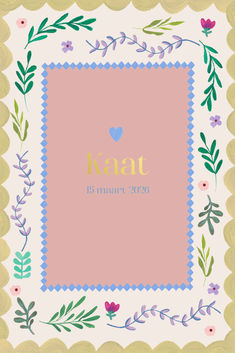 Geboortekaartje takjes bloemetjes gouache