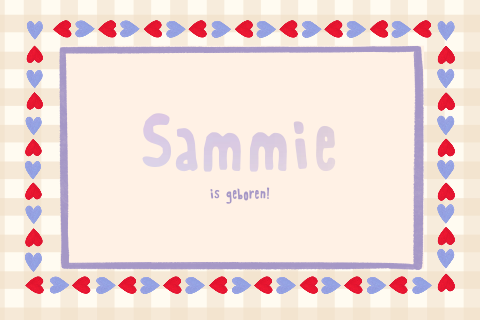 Geboortekaartje vichyprint hartjesrand rood blauw lila Sammie