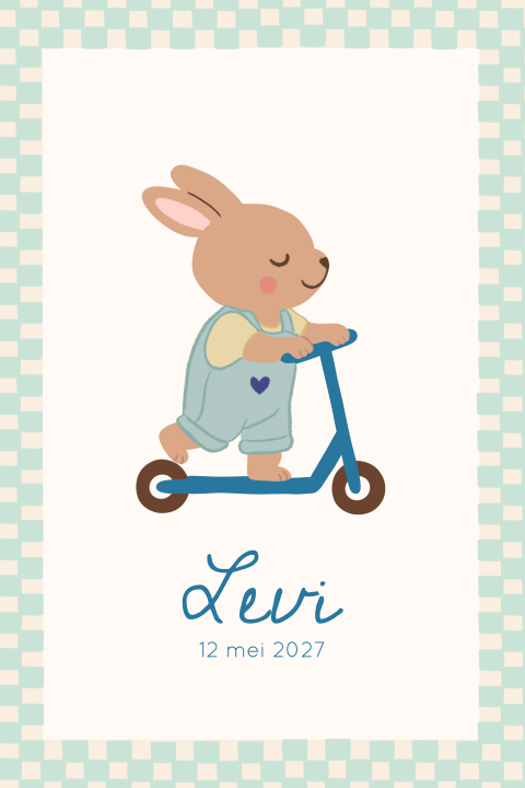Geboortekaartje Steppend Konijn Checkerboard rand blauw groen