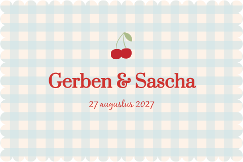 Trouwuitnodiging ruitjes blauw bolletjesrand kersen Gerben Sascha