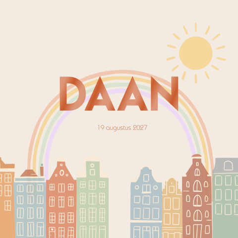 Geboortekaartje Amsterdamse huisjes regenboog Daan
