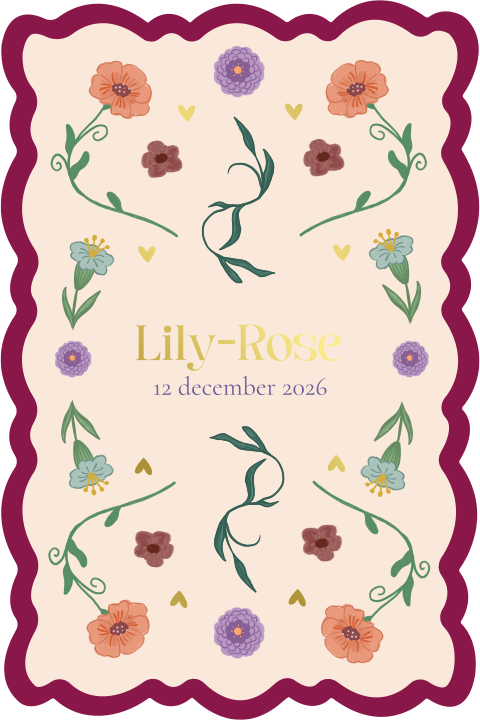 Geboortekaartje boogjesrand beige rood bloemen Lily Rose