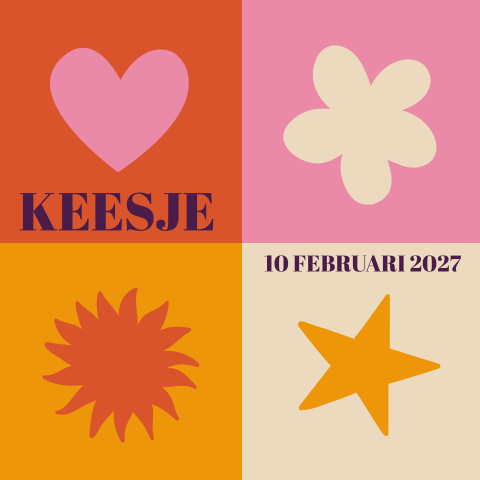 Geboortekaartje retro gekleurde vierkanten iconen Keesje