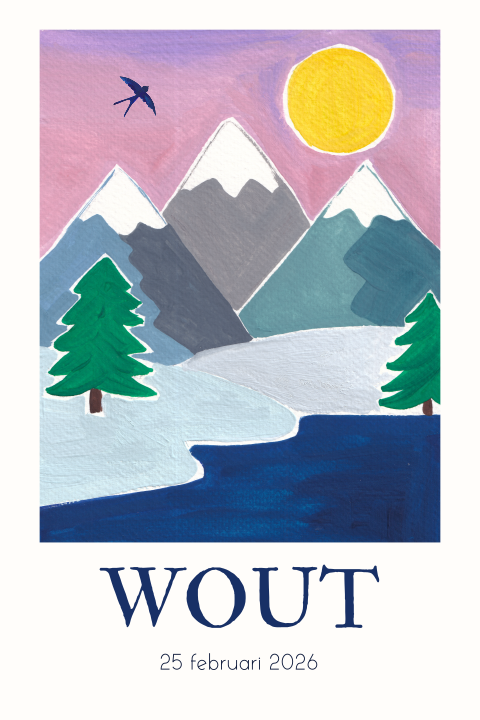 Geboortekaartje bergen winter gouache Wout