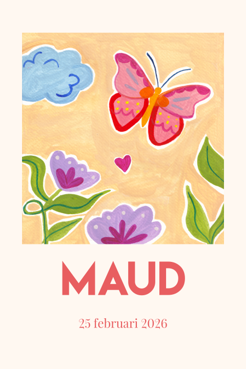 Geboortekaartje vlinder bloemen gouache