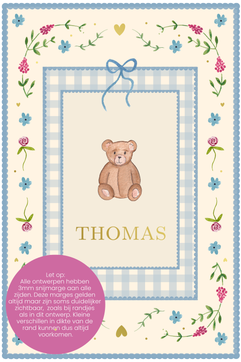 Geboortekaartje Klassiek Bloemen Takjes Blauw Vichy Beertje Thomas