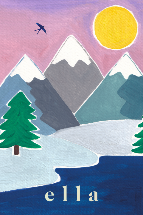Geboortekaartje bergen winter paars gouache Ella