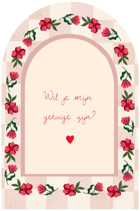 Getuigenkaartje halve boog bloemen checkerboard