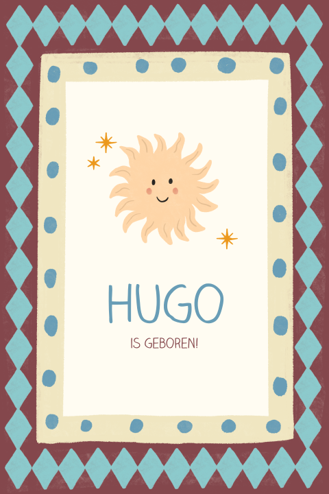 Geboortekaartje Ruitjes Zonnetje bruin blauw geel Hugo