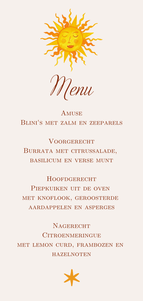 Menukaart zon Milou Frans