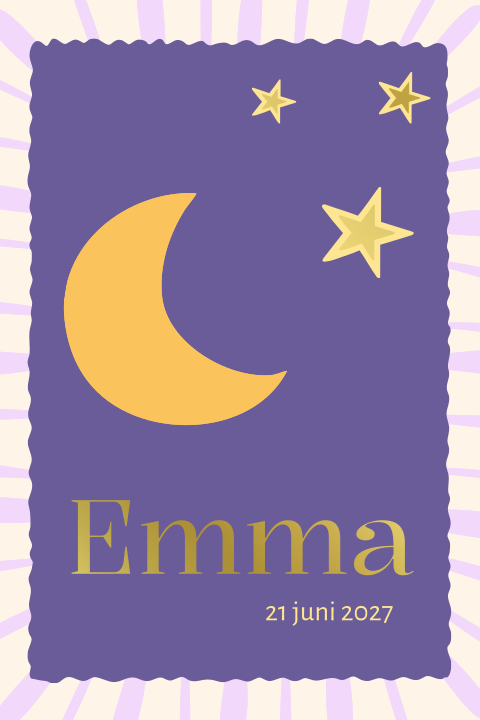 Geboortekaartje maan sterren goudfolie paars Emma