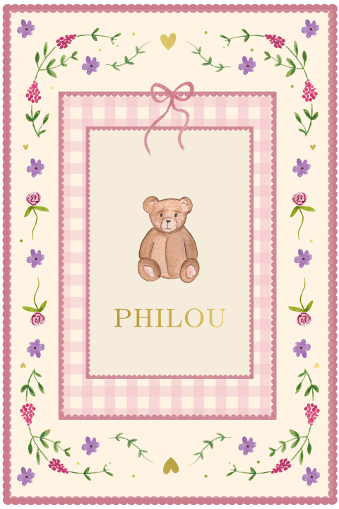 Geboortekaartje Klassiek Bloemen Takjes Roze Vichy Beertje Philou